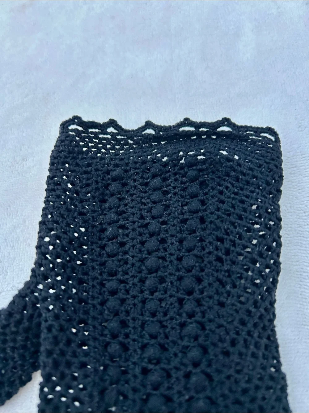 Vintage Knit Mesh Gloves Crochet Cotton Black Stretchy Scalloped Trim